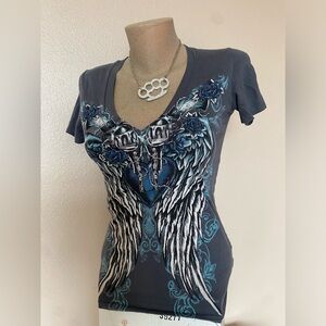 Y2k Grunge Blue & Grey Fitted V Neck Tee Guns, Roses, Hearts & Wings Design